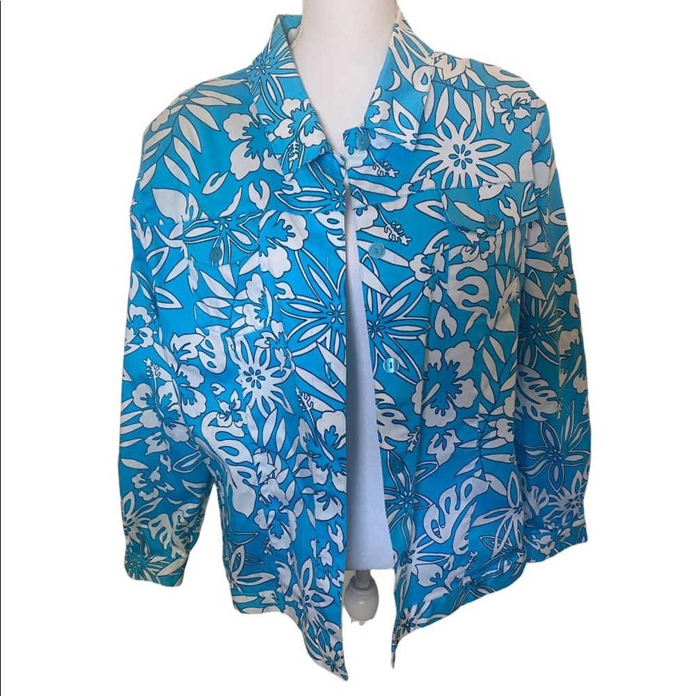 Erin London | Womens Blue Floral Tropical Hawaiian Blazer Jacket Coat Size XL
